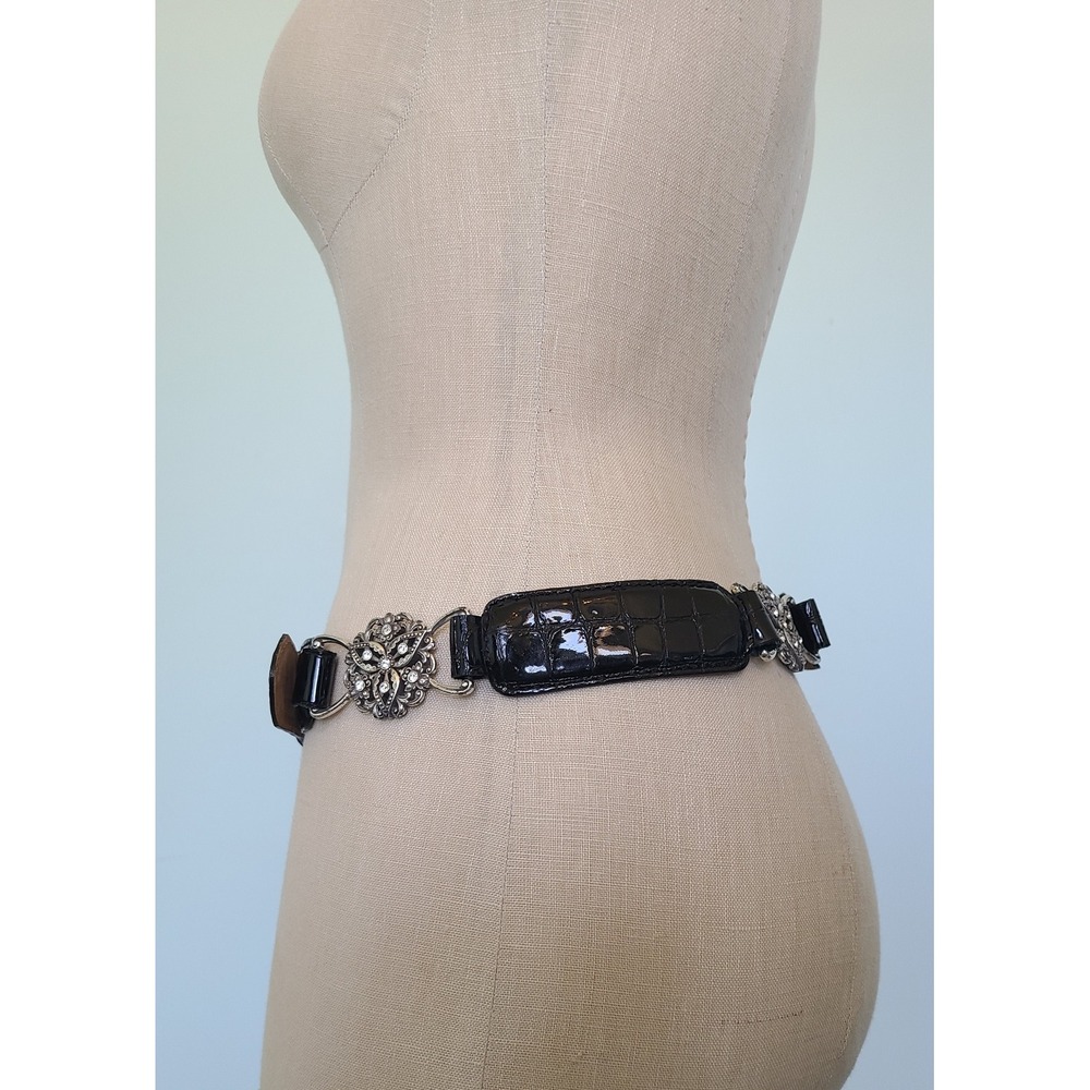 VTG Brighton Sz 32 Black Leather Belt Empire Lace Embossed Patent Croc Crystals - Picture 4 of 5